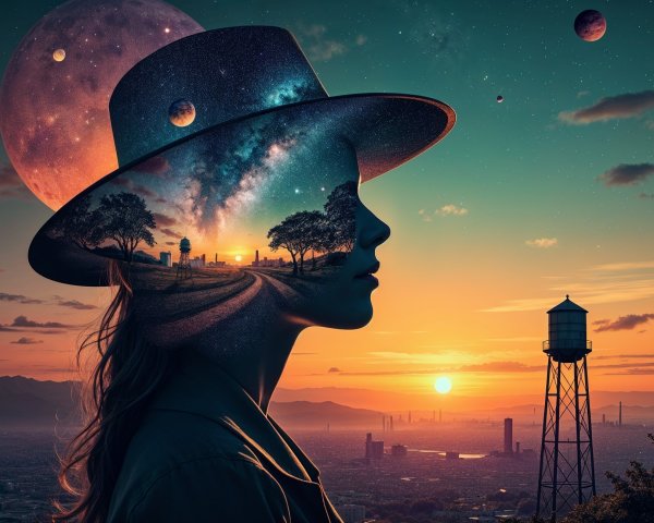 Surreal Portrait of Woman with Cosmic Landscape Elements