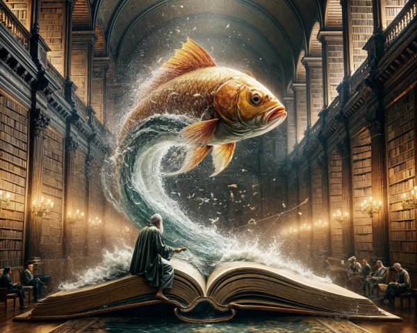 Golden fish leaps from book in a dimly lit library