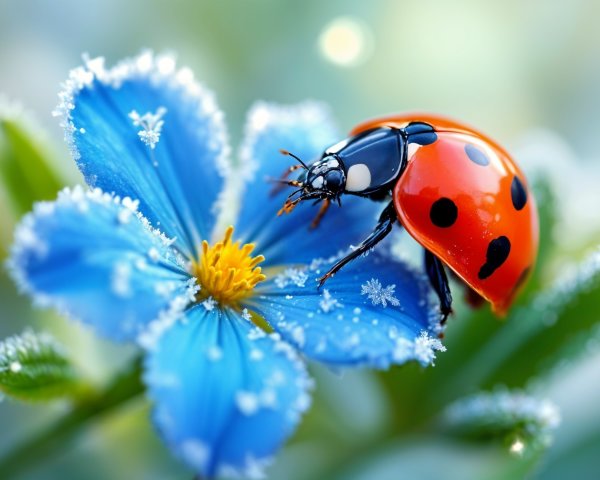 Close-Up of Red Ladybug on Frosty Blue Flower