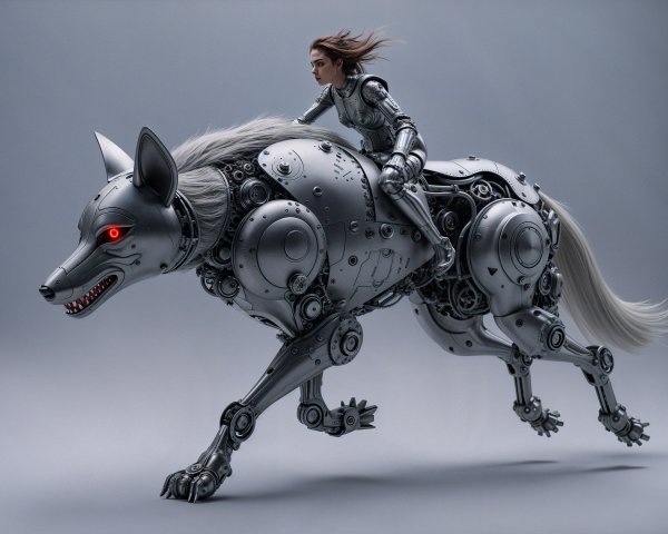 Futuristic Mechanical Wolf and Humanoid Figure Scene