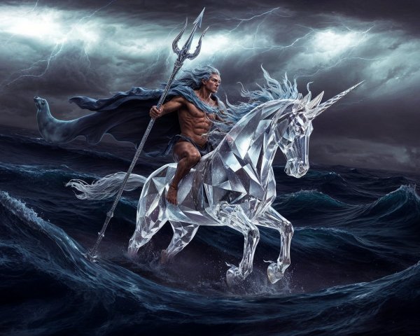Muscular Figure on Crystal Unicorn in Ocean Waves