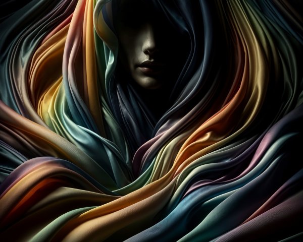 Mysterious Figure Among Colorful Flowing Fabrics