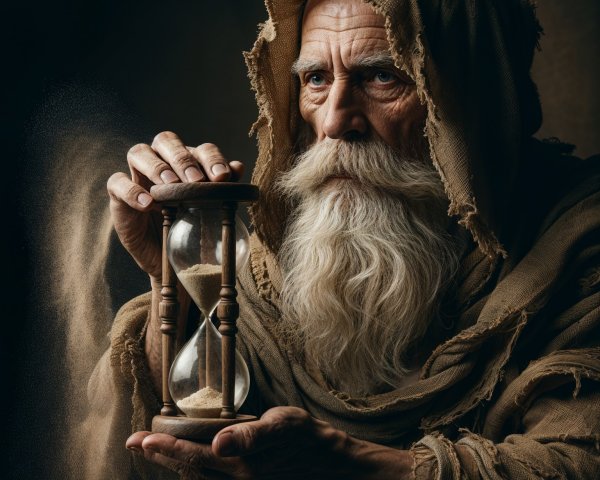 Elderly Man Contemplating Hourglass in Mystical Setting
