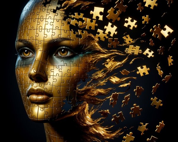 Surreal Gold-Hued Mannequin Face with Puzzle Pieces