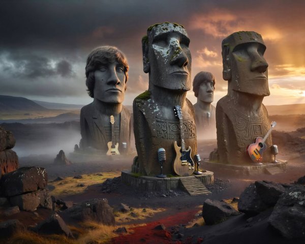 Four Moai-like Stone Statues in Dramatic Landscape