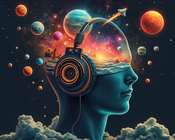 Surreal Human Head with Cosmic Landscape and Spaceship
