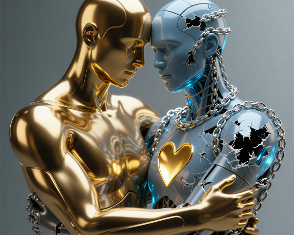 Humanoid Figures Embracing: Gold and Blue Contrast