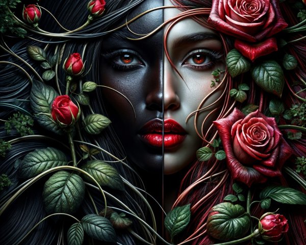 Split-Face Portrait of Women with Roses and Leaves
