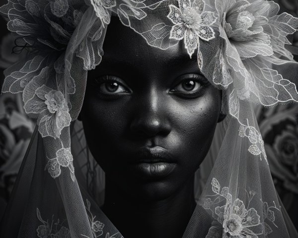 Black-and-white portrait of a woman with veil and lace