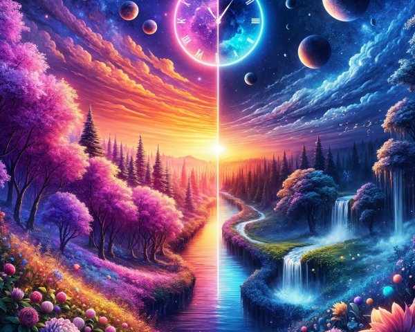 Surreal Landscape with Glowing Clock and Nature Elements