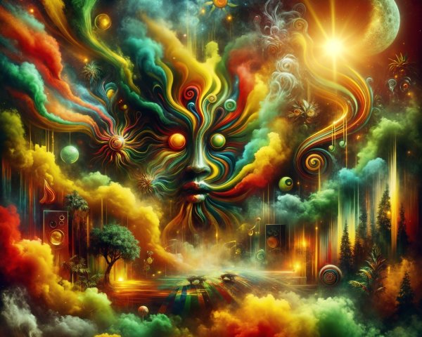 Surreal Landscape with Colorful Clouds and Ethereal Face