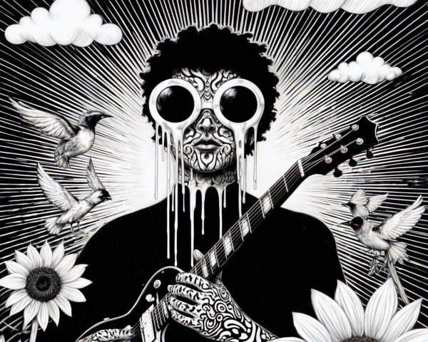 Figure with patterned skin holding a guitar in surreal setting