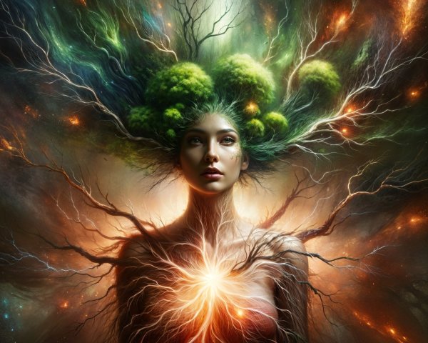 Mystical figure with foliage hair in cosmic background