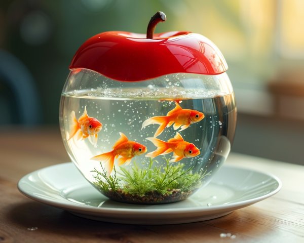 Whimsical Apple-Shaped Fishbowl with Goldfish and Plants