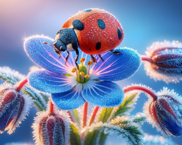 Macro Photograph of Ladybug on Dewy Blue Flower
