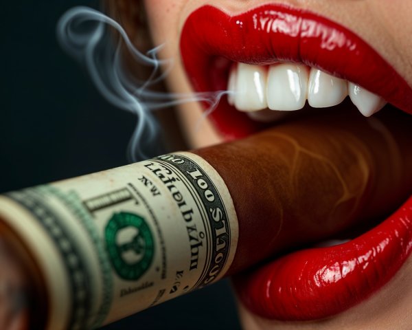 Red Lips with Cigar and Dollar Bill Close-Up