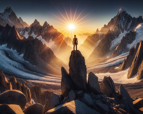 Lone Figure on Jagged Rock at Sunrise Over Mountains