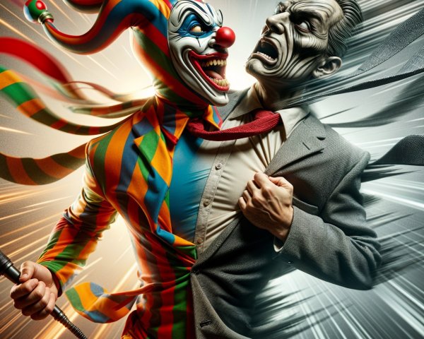 Clown and Monochrome Man in Dramatic Struggle