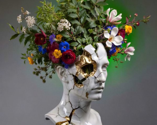 Porcelain Bust with Floral Arrangement and Gold Repairs