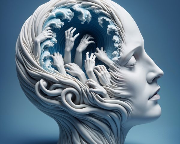 Stylized Human Head Sculpture with Reaching Hands
