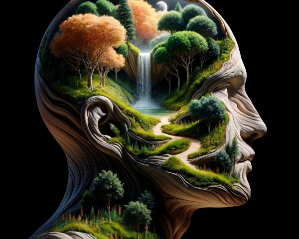 Surreal Human Profile with Landscape and Nature Elements