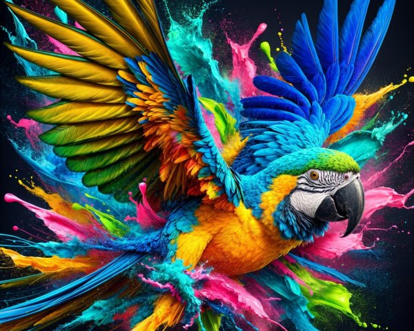 Vibrant Macaw Amidst Colorful Background Explosion