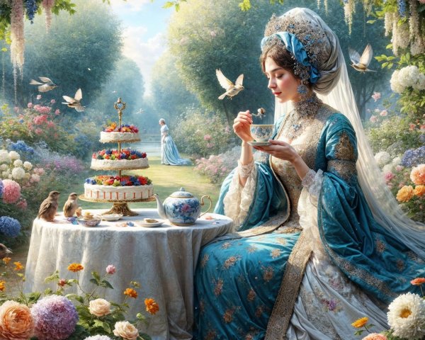 Regal Woman Enjoys Pastry in Vibrant Garden Setting