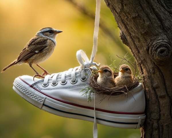 White Sneaker Nest with Baby Birds in Sunlit Tree