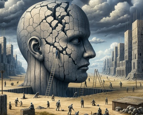 Massive Cracked Stone Head in Barren Landscape