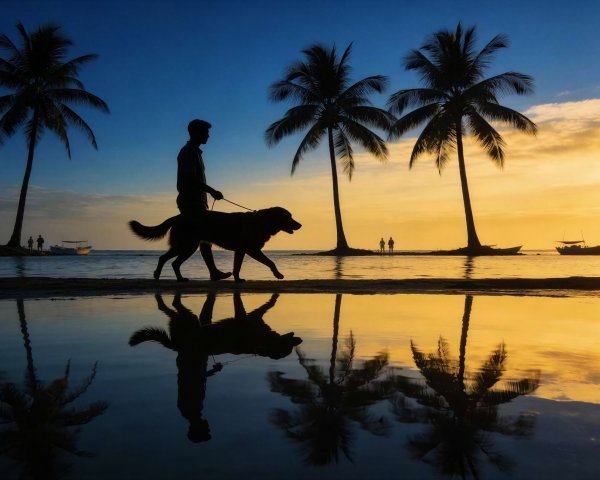 Man Walking Dog on Tropical Beach at Sunset