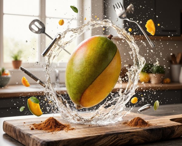 Vibrant Mango with Spices and Water Splash Scene
