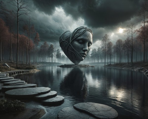 Heart-Shaped Face in Misty Lake Landscape