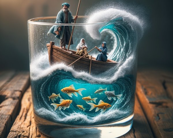 Miniature Fishing Scene in Glass with Goldfish