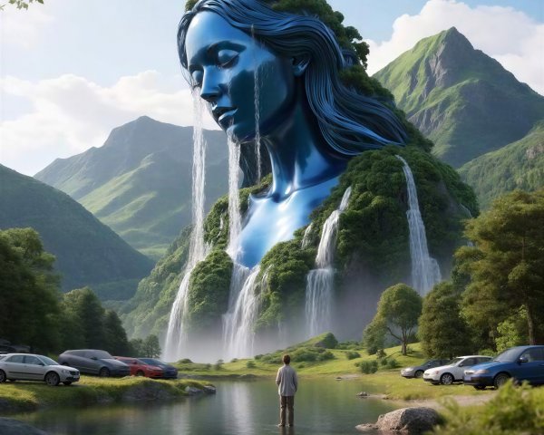 Colossal Blue Statue in Surreal Forest Landscape