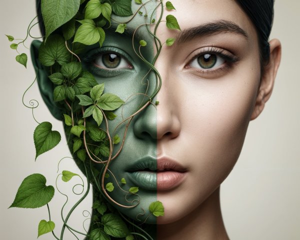 Portrait of a Woman with Green Face and Nature Elements