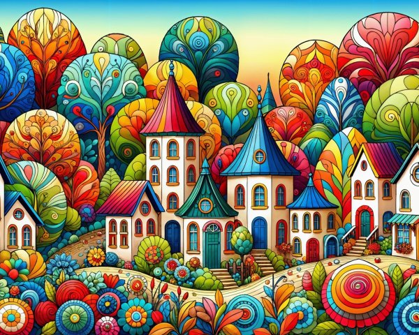 Whimsical Landscape with Colorful Houses and Trees