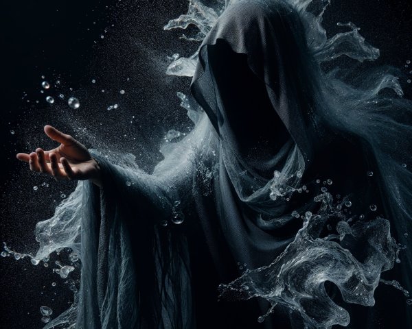 Mysterious Figure in Dark Fabric with Water Splashes