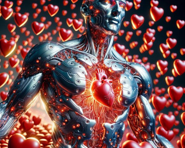 Futuristic humanoid figure with glowing hearts backdrop