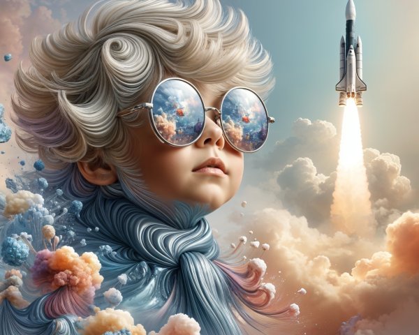 Whimsical Child with Colorful Clouds and Rocket Scene