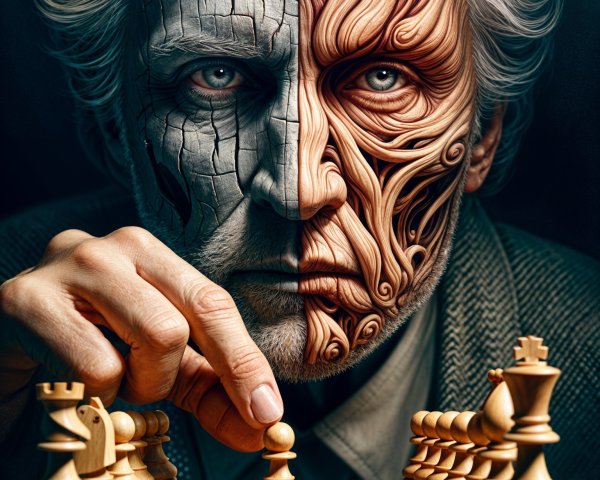 Divided Face Symbolizing Nature and Artifice Conflict