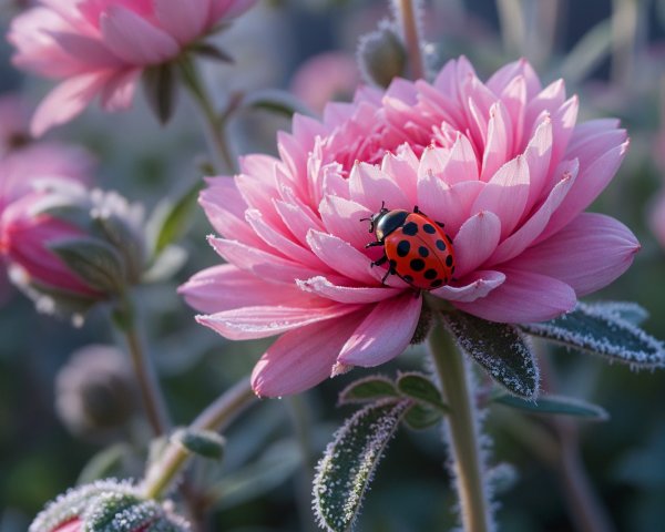 Bright Red Ladybug on Frosted Pink Flower Close-Up
