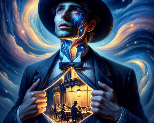 Young man in fedora with cosmic background and cafe scene