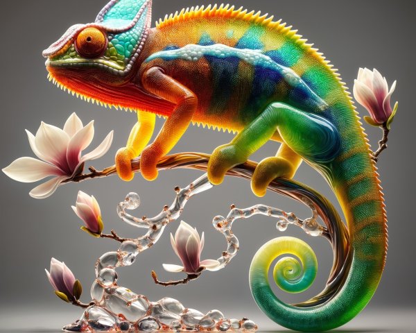 Vivid Chameleon on Branch with Colorful Blossoms