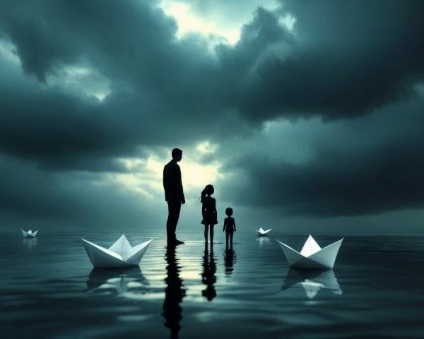 Silhouettes in Reflective Waters Under Dark Clouds