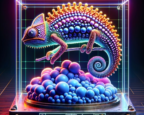Digital Chameleon Sculpture on Abstract Sphere Cluster