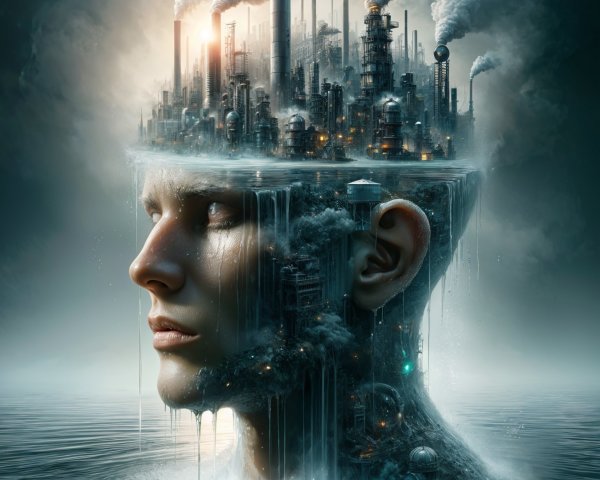 Surreal Human Head Transformed into Cityscape Scene