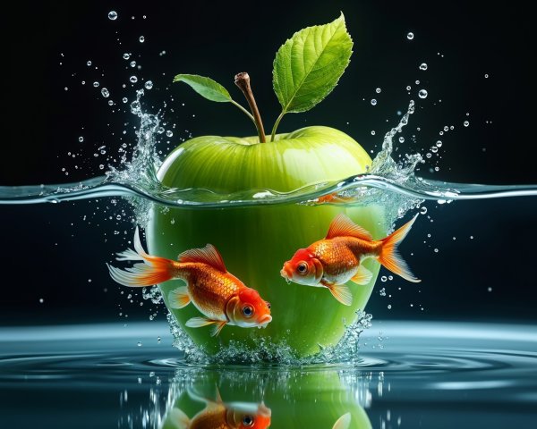 Green Apple and Goldfish in Clear Water Scene
