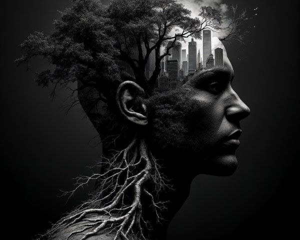 Silhouette of a Head Blended with Nature and Urban Life
