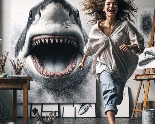 Joyful Woman in Art Studio with Shark Painting