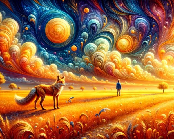 Surreal Landscape with Vibrant Hues and Planets